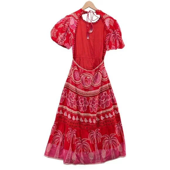 FARM Rio Summer Sunrise Midi Dress Red Short Sleeve Belted Back Cut Out Size S - Picture 2 of 13